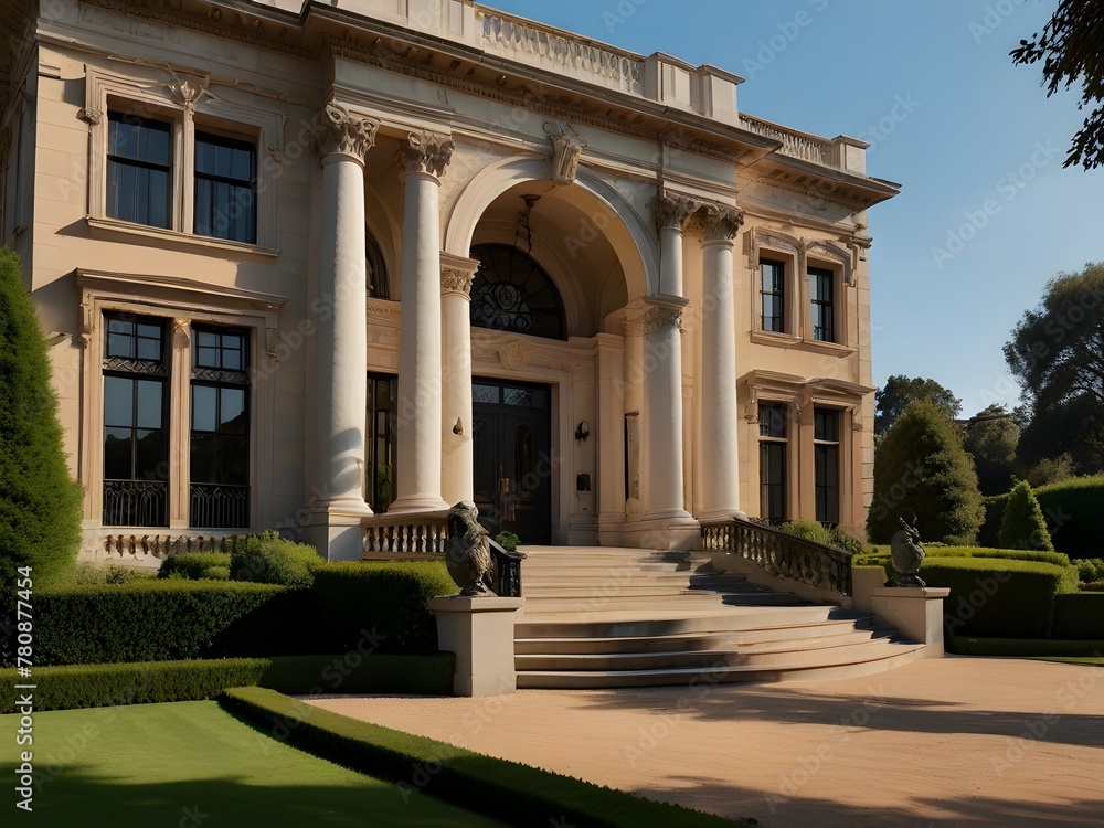 A palatial mansion with classical architectural details, manicured gardens, and a grand entrance, generative AI