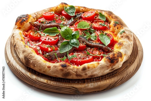 Italian traditional pizza on wooden plate close up isolated on white background