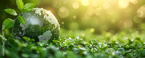 A green background with an earth globe, plant leaves and some water drops. Green background, soft ambient light. Environmental protection and the planet's health in ecofriendly technology concept.