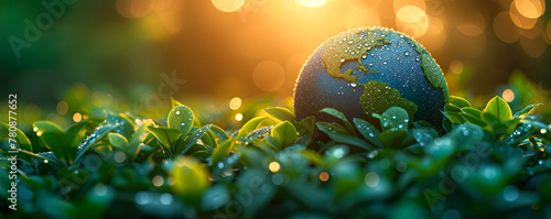 A green background with an earth globe, plant leaves and some water drops. Green background, soft ambient light. Environmental protection and the planet's health in ecofriendly technology concept.