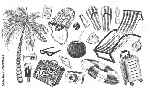 Summer set. Set of design elements for travel at sea. Sketch style palm tree, beach bag, sun lounger, lifebuoy, suitcase, sunscreen, camera, tickets, passport. Engraved vector illustrations