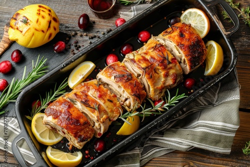 Roasted turkey roulade with lemon rosemary and cranberry on wooden table top view close up