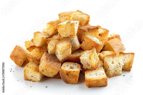 Round bread croutons with spices on white background Snack