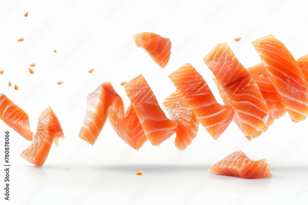 Salmon slices falling on white background in isolation Salmon slices falling on white background in isolation