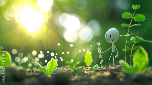  A white line art stick figure with a smile on his face, is planting small plant seeds
