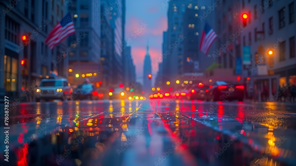 American flag in the city with blur background, memorial day, american flag on the street, Ai generated - obrazy, fototapety, plakaty 