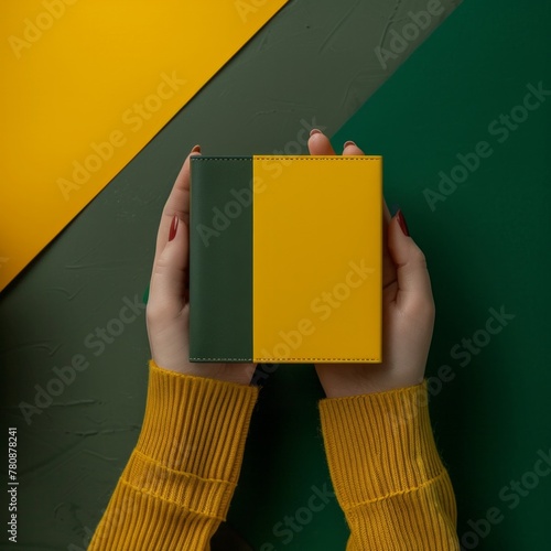 Close-up of elegant woman's hands delicately holding a stylish notebook against a vibrant, colorful background. Perfect for lifestyle, fashion, and creative concepts. (ID: 780878241)