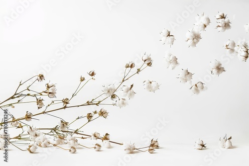 Selective focus on white background isolated cotton flower falling