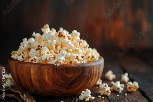Selective focus on wooden table with a wooden bowl of salted popcorn and dark background