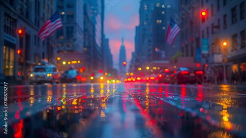American flag in the city with blur background, memorial day, american flag on the street, Ai generated