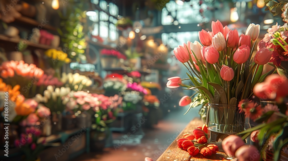 Obraz premium A vase, brimming with pink tulips, sits atop a weathered wooden table Nearby, a bouquet of flowers remains bundled