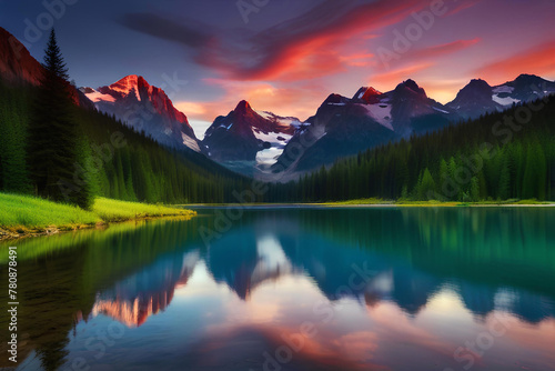 Free photo a painting of a mountain lake with a mountain in the background