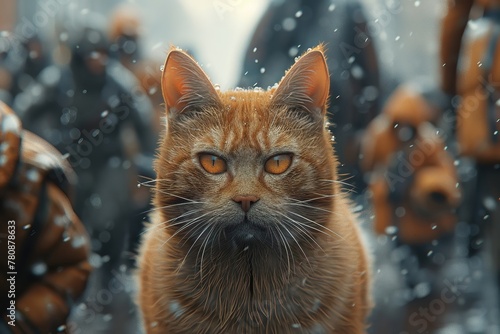 In the heart of the city a cat with the body of a person gracefully navigates the crowded streets