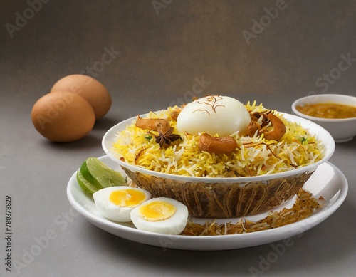 Biryani,egg,chatni white baground © Priyanka