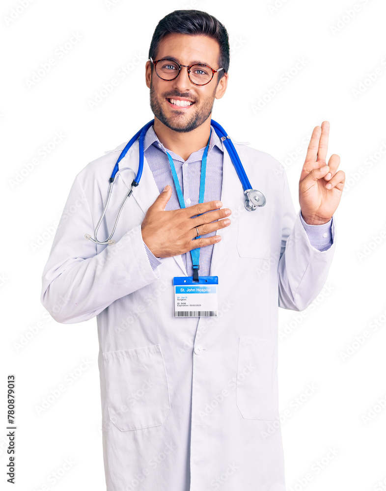 Young hispanic man wearing doctor uniform and stethoscope smiling swearing with hand on chest and fingers up, making a loyalty promise oath Young hispanic man wearing doctor uniform and stethoscope smiling swearing with hand on chest and fingers up, making a loyalty promise oath