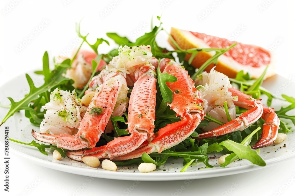 Snow crab and pomelo salad with arugula and pine nuts on white background