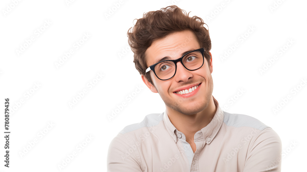 Portrait of a Happy Young Man with Glasses Looking Upwards on transparent background.