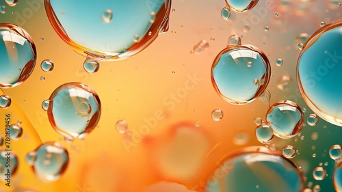 Close-up of yellow water drops, oil on a monochrome background