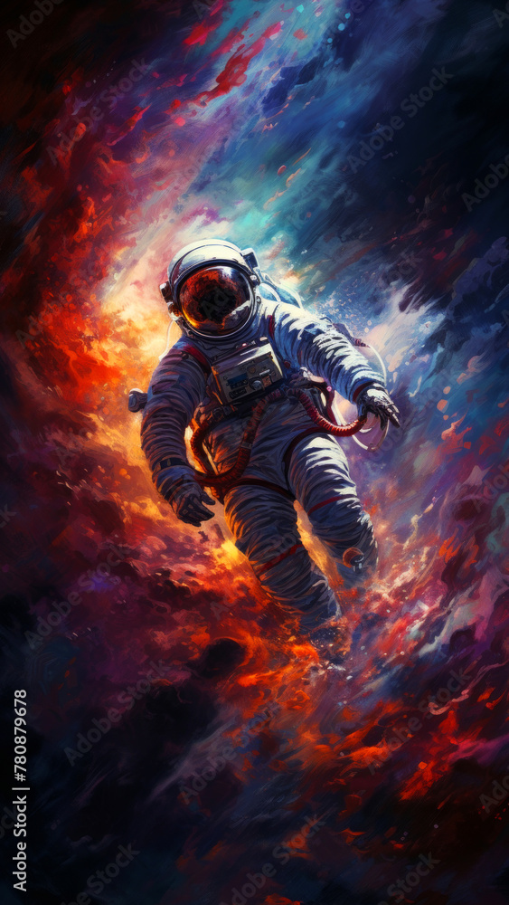 An astronaut adrift amidst a swirl of cosmic clouds and stars. Futuristic digital art