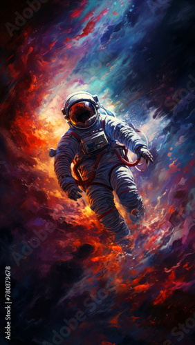 An astronaut adrift amidst a swirl of cosmic clouds and stars. Futuristic digital art