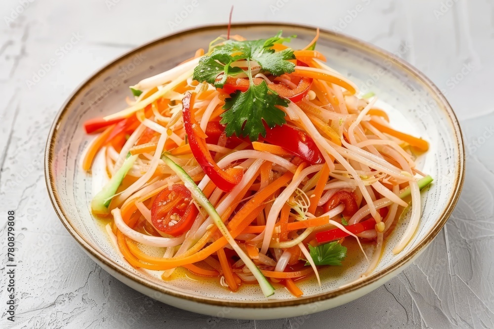 Spicy and delicious Thai papaya salad on white plate Spicy and delicious Thai papaya salad on white plate