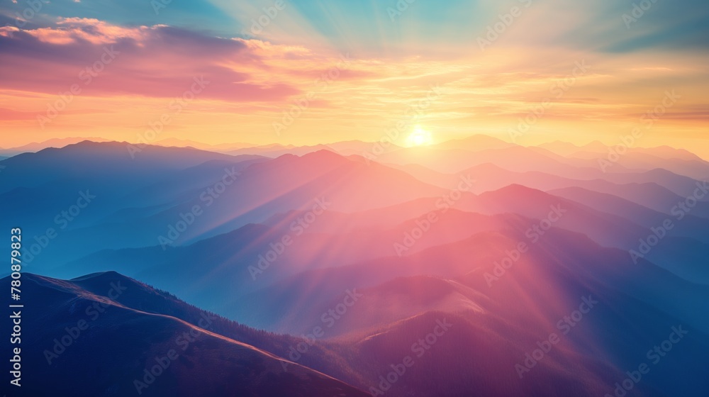 Sunrise over mountains with rays piercing through mist and trees. Warm, tranquil landscape. Sunrise over mountains with rays piercing through mist and trees. Warm, tranquil landscape.