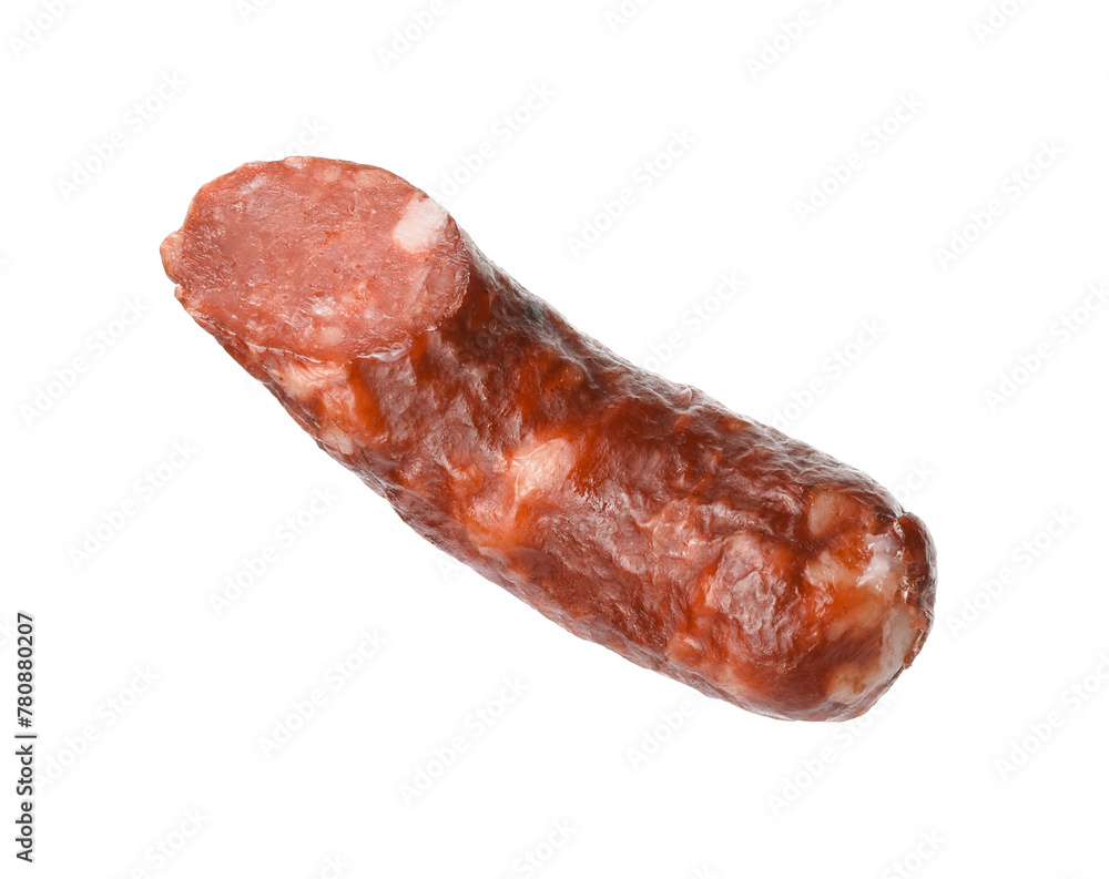 Piece of thin dry smoked sausage isolated on white Piece of thin dry smoked sausage isolated on white