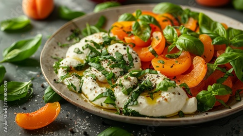  A close-up photo of a dish containing carrots and mozzarella on a table adorned with fresh basil