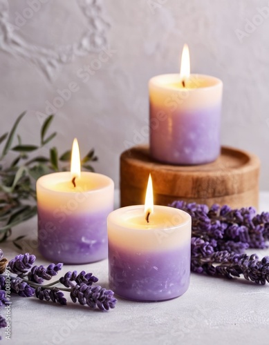 Three burning wax candles and lavender flowers on a light background. Cozy home comfort, relaxation and wellness concept for a banner, flyer, poster or postcard with copy space.