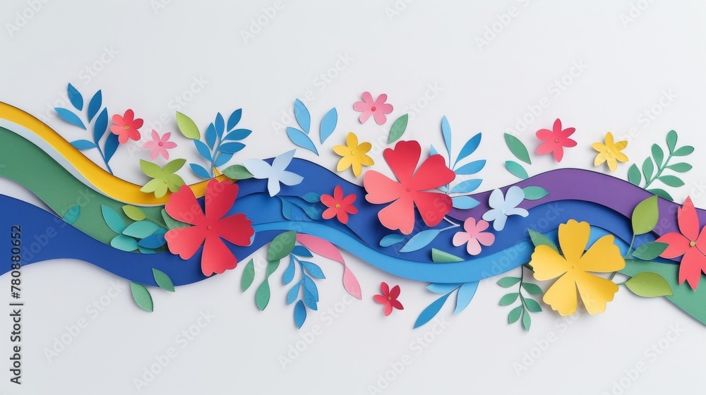 A river of colors weaves through a vibrant garden of paper cut-out flowers and leaves, creating a playful and lively three-dimensional artwork.