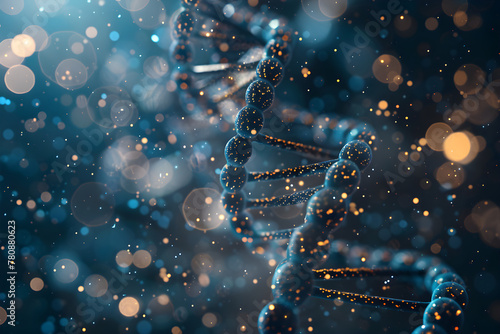 Abstract background with helix DNA structure. Molecule model on blue bokeh background. Helix gene, code human genome. Science and genetics concept. Banner for medicine, biology, chemistry or physics #780880623