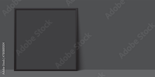 Square shape black poster frame leaning against a grey wall background. Poster gallery vector mockup for horizontal art, image, or text placement.