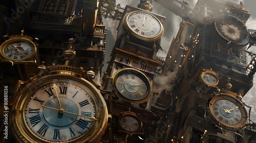 A cluster of old-fashioned clocks