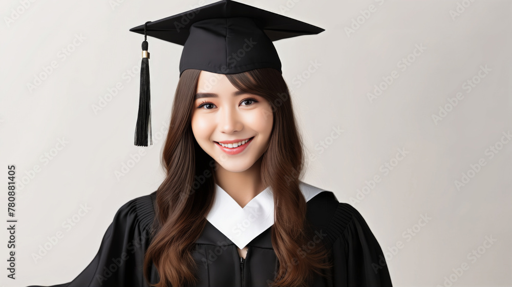 Graduate woman with a bright smile, wearing a cap and gown on a white background. Graduate woman with a bright smile, wearing a cap and gown on a white background.