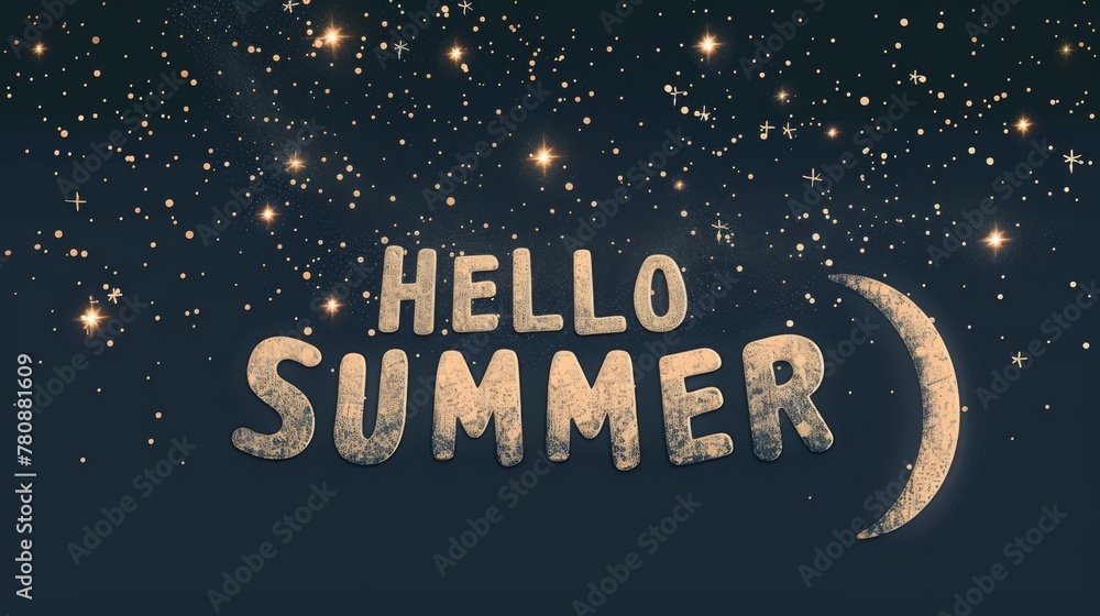 Hello Summer spelled out in a cosmic display, with letters that mimic an ancient, starry texture, contrasting against the infinite night sky. - obrazy, fototapety, plakaty 