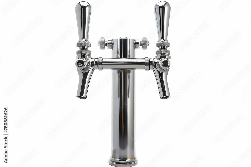 A chrome beer tap on a white background