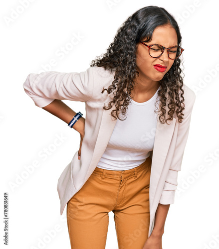 Young african american girl wearing business clothes suffering of backache, touching back with hand, muscular pain