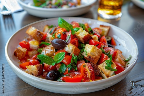 A platter of panzanella salad with ciabatta tomatoes basil and olives on the table