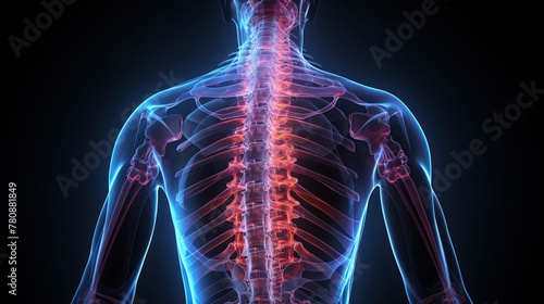 3D rendered illustration of the human spine, showing pain points in the back and neck area, isolated on a black background with a blue glow around it