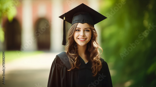 Smiling graduate woman in cap and gown outdoors with a college building behind.