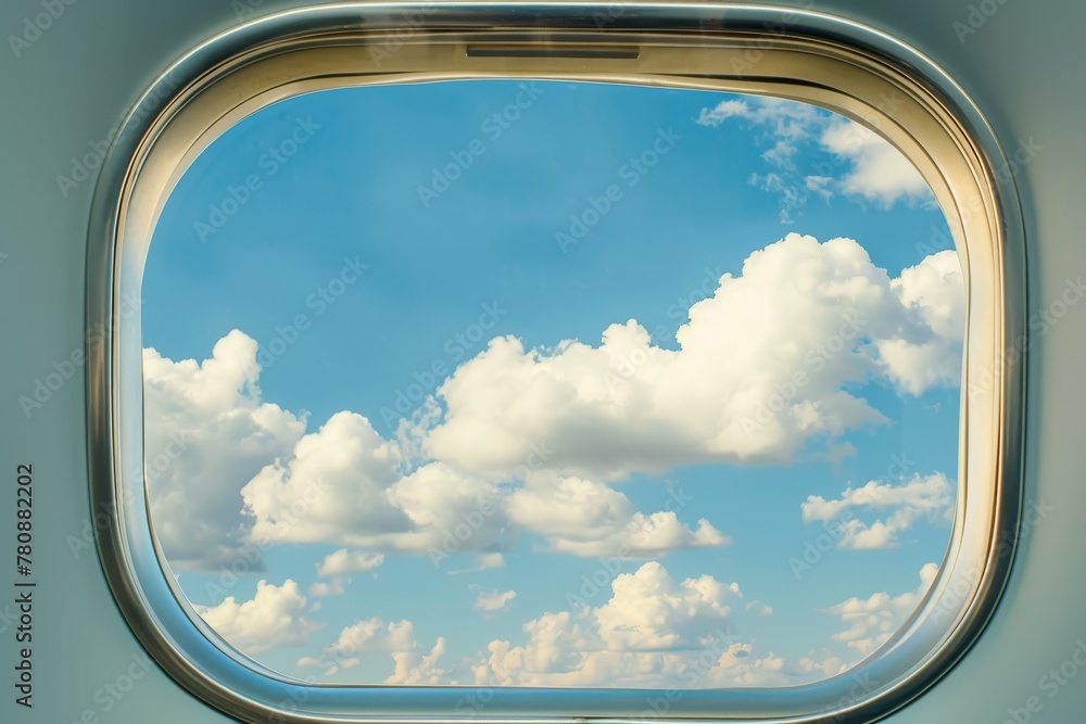Naklejka premium Airplane window shows beautiful clouds against blue sky