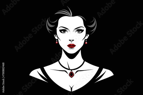 Portrait of a Fashionable Woman with Necklace, Set Against a Dramatic Black Background. Hairstyle and Makeup Accentuated