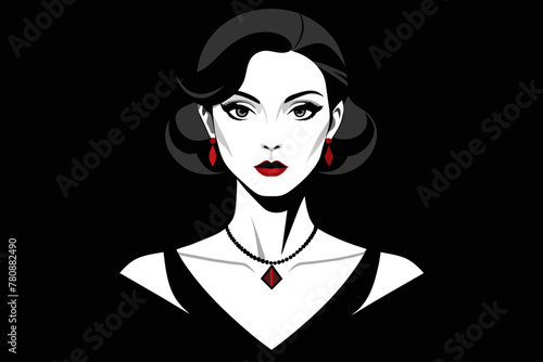 Portrait of a Fashionable Woman with Necklace, Set Against a Dramatic Black Background. Hairstyle and Makeup Accentuated