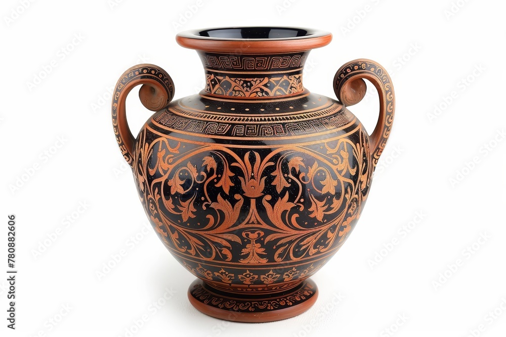 Ancient Greek wine vase with meander pattern and ornament isolated on white background