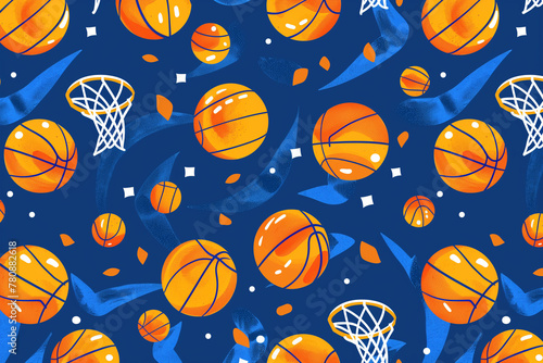 Basketball and Hoops Pattern on Blue Background
