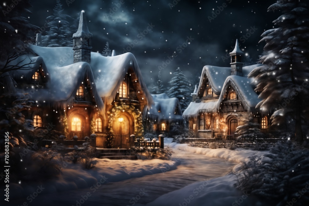 Fototapeta premium village street in winter season decorated for Christmas or New Year holiday, beautiful view of exteriors of houses , snow, sunset, street lights, festive environment