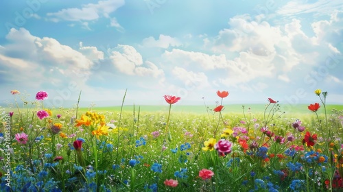   A vibrant field of multicolored blooms beneath a clear blue sky  adorned with fluffy white clouds above  during a sunlit day