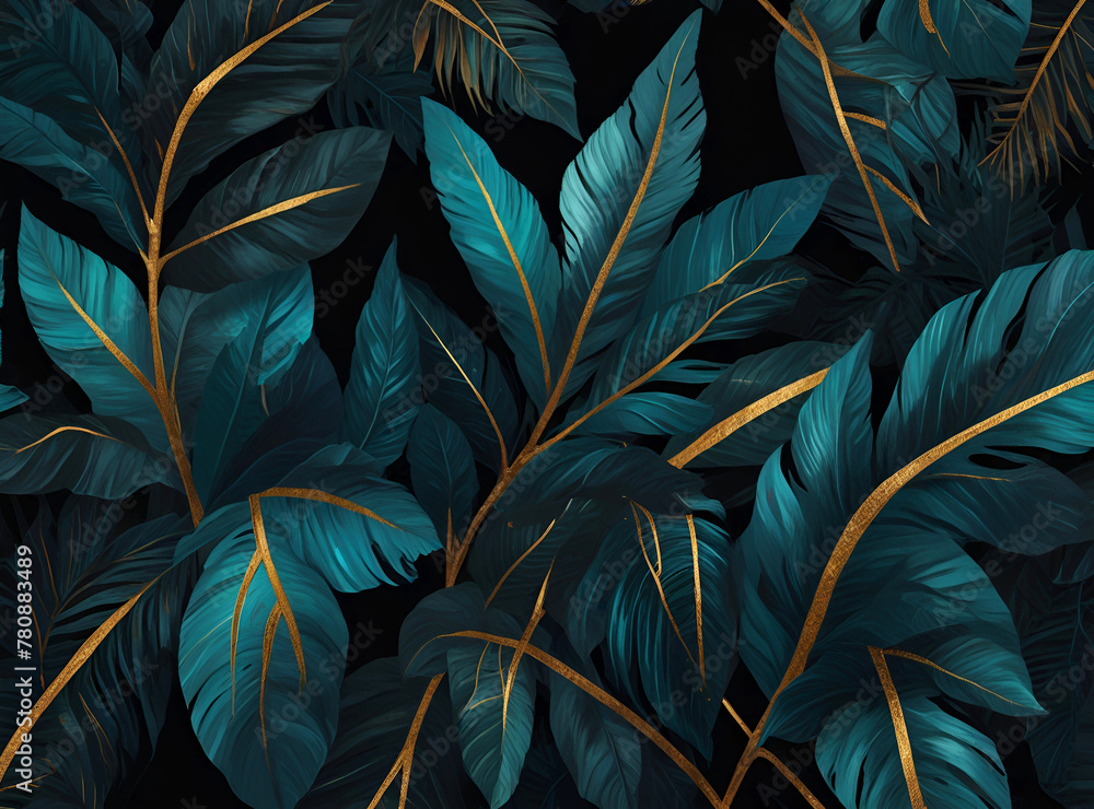 Oil painting with abstract turquoise tropical leaves.