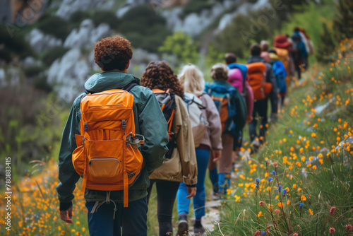 A diverse group of hikers with backpacks trek along a flower-lined trail, exploring nature's beauty in the wild. © SnapVault