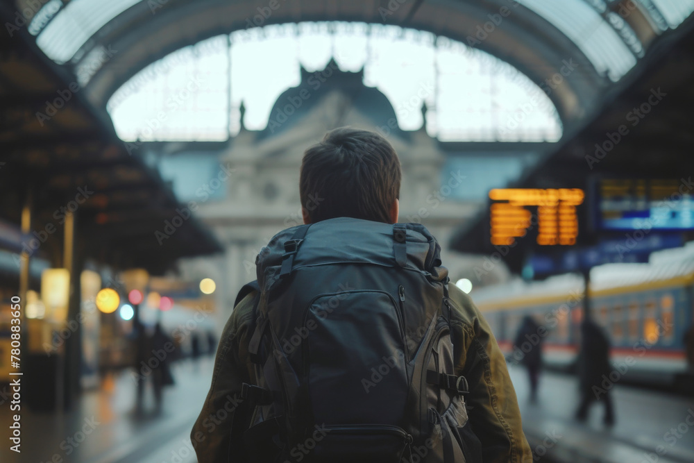 Young traveler man with backpack in train station. Single backpacker traveler man waits train on railway platform Young traveler man with backpack in train station. Single backpacker traveler man waits train on railway platform